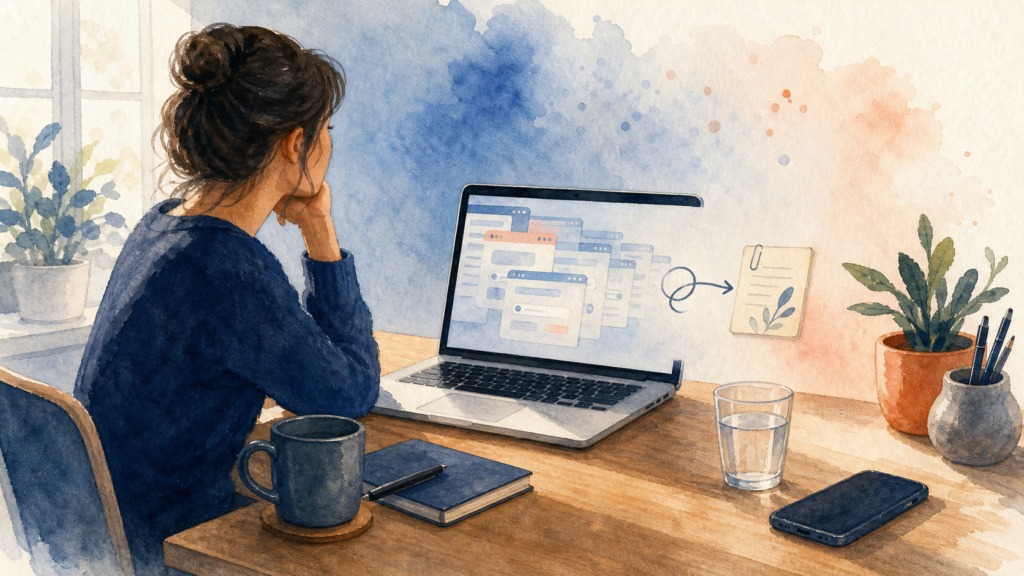 Watercolor illustration of a person at a laptop learning to step away from compulsive online searching
