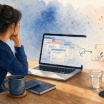 Watercolor illustration of a person at a laptop learning to step away from compulsive online searching