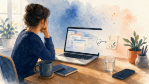 Watercolor illustration of a person at a laptop learning to step away from compulsive online searching