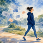 Watercolor illustration of a person walking calmly while intrusive thought cards drift away