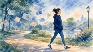 Watercolor illustration of a person walking calmly while intrusive thought cards drift away