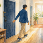 Watercolor illustration of a person calmly leaving an apartment hallway without rechecking the door lock