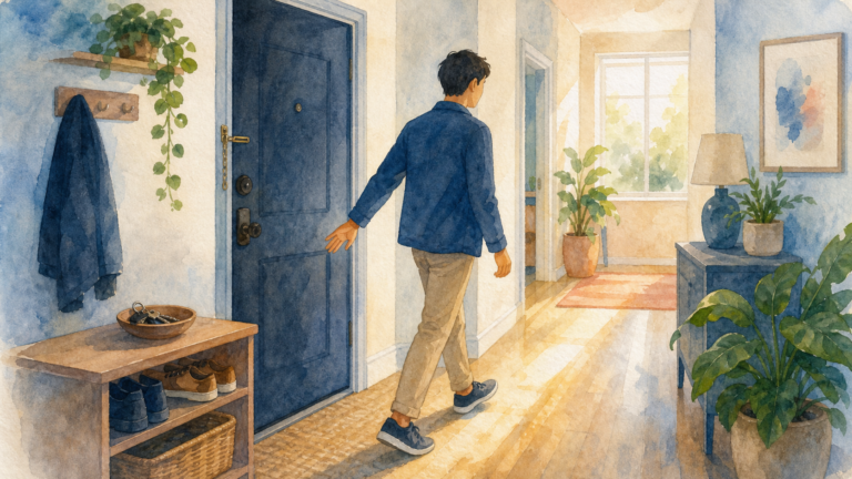 Watercolor illustration of a person calmly leaving an apartment hallway without rechecking the door lock