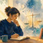 Watercolor illustration of a person reflecting near a window with subtle moral doubt symbols in the background