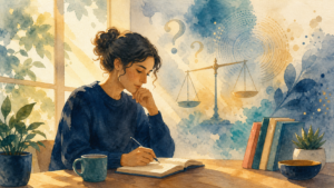 Watercolor illustration of a person reflecting near a window with subtle moral doubt symbols in the background