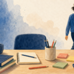 Watercolor illustration of a slightly misaligned desk while a person calmly walks away