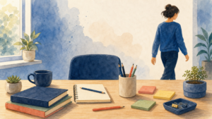 Watercolor illustration of a slightly misaligned desk while a person calmly walks away
