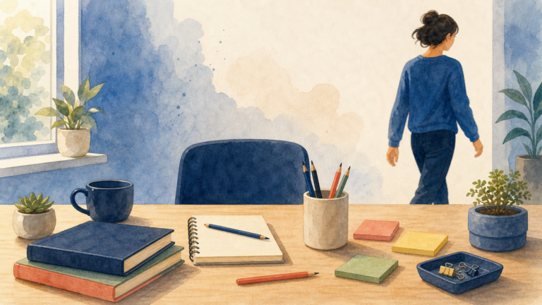 Watercolor illustration of a slightly misaligned desk while a person calmly walks away