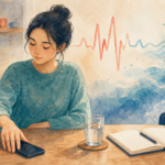 Watercolor illustration of a person putting a phone down beside a glass of water and notebook with a calm body awareness theme