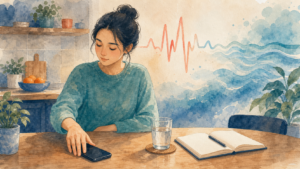Watercolor illustration of a person putting a phone down beside a glass of water and notebook with a calm body awareness theme