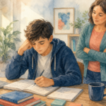 Watercolor illustration of a teenager at a study desk with a parent nearby in a calm supportive mood