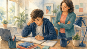 Watercolor illustration of a teenager at a study desk with a parent nearby in a calm supportive mood