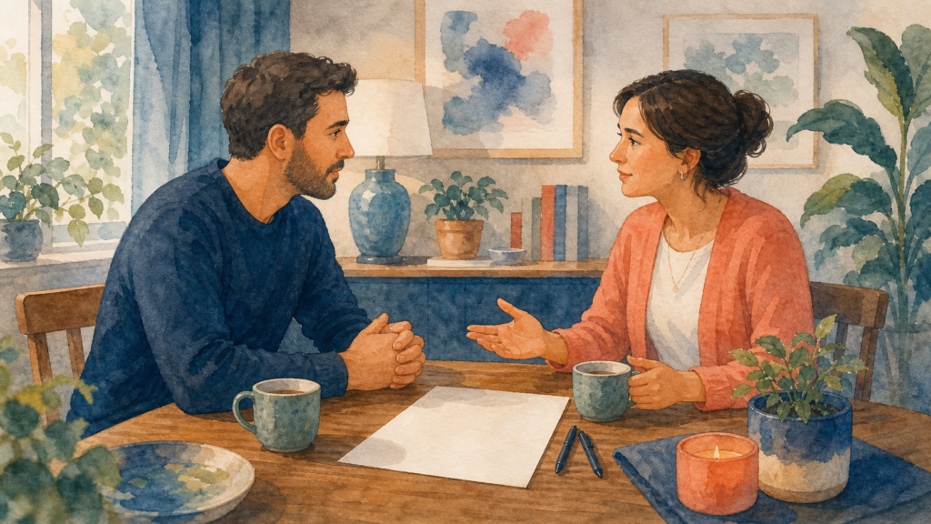 Watercolor illustration of two adults at a dining table with a simple written support plan between them