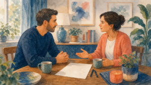 Watercolor illustration of two adults at a dining table with a simple written support plan between them