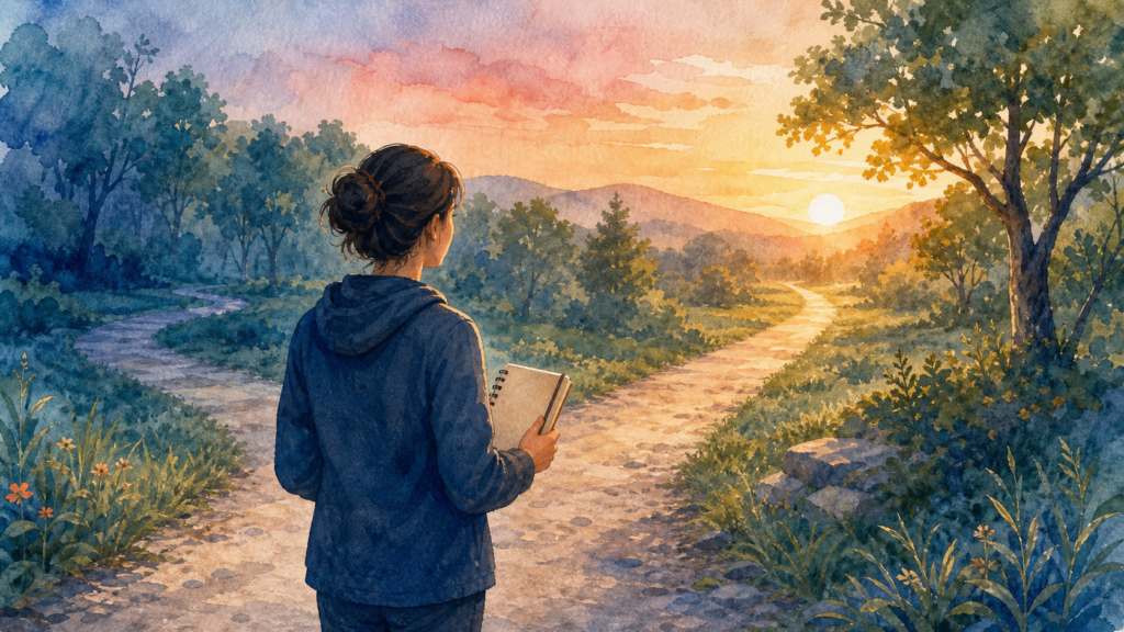 Watercolor illustration of a person standing at a forked walking path with a small notebook practice plan