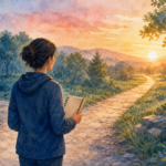Watercolor illustration of a person standing at a forked walking path with a small notebook practice plan
