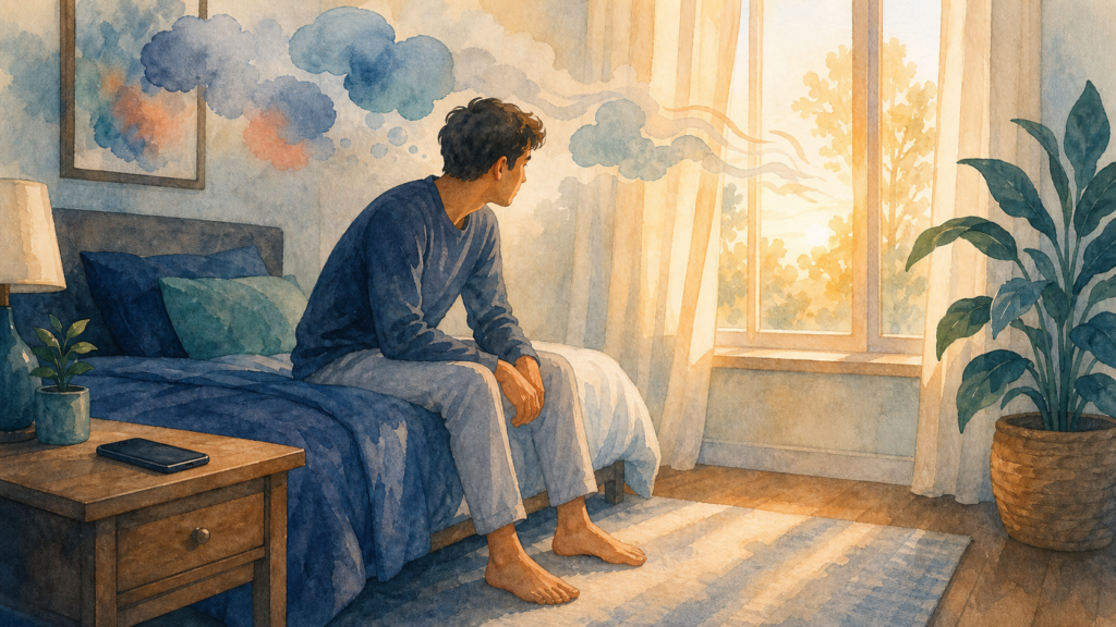 Watercolor morning bedroom scene with sunlight through curtains and a phone left untouched on the nightstand