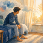 Watercolor morning bedroom scene with sunlight through curtains and a phone left untouched on the nightstand