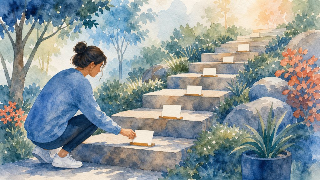 Watercolor illustration of a staircase with small practice steps for gradual ERP planning