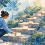 Watercolor illustration of a staircase with small practice steps for gradual ERP planning