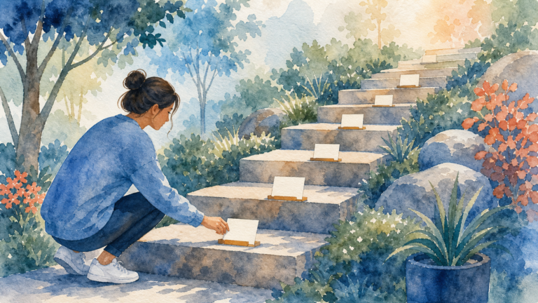 Watercolor illustration of a staircase with small practice steps for gradual ERP planning