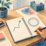 Watercolor illustration of two notebook paths, one arrow toward action and one circular rumination loop
