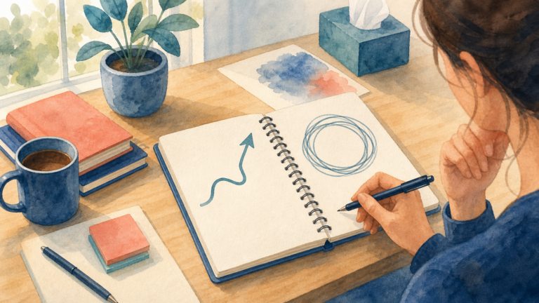 Watercolor illustration of two notebook paths, one arrow toward action and one circular rumination loop