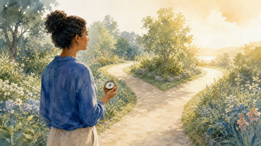 Watercolor illustration of a person holding a compass at a forked garden path