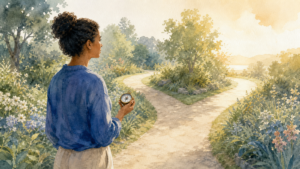 Watercolor illustration of a person holding a compass at a forked garden path