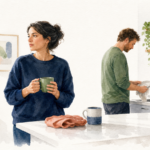 Watercolor illustration of a couple pausing during an ordinary moment of irritation