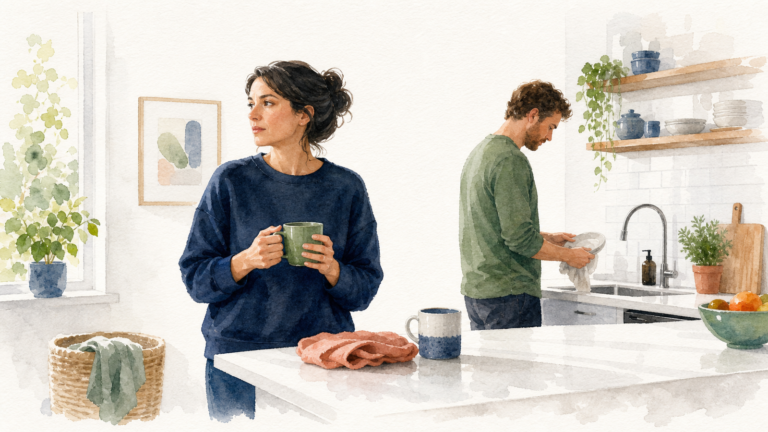 Watercolor illustration of a couple pausing during an ordinary moment of irritation