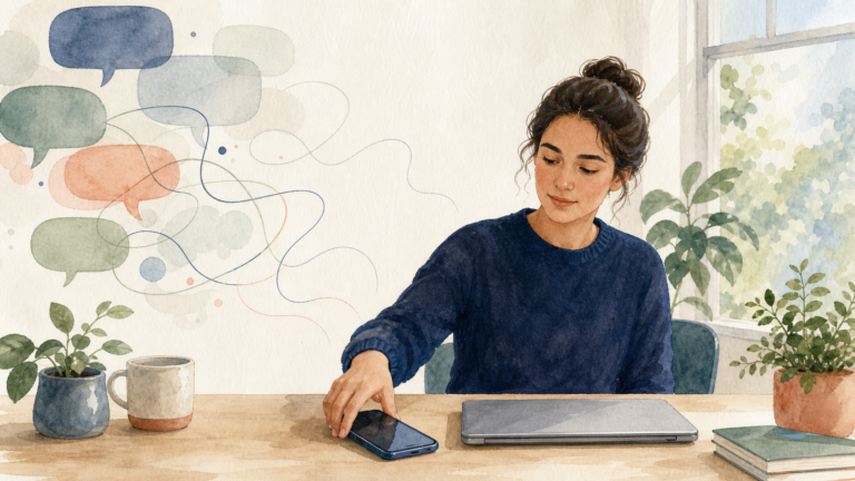 Watercolor illustration of a person setting down a phone beside a closed laptop