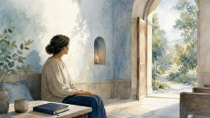 Watercolor illustration of a person pausing in a quiet contemplative space