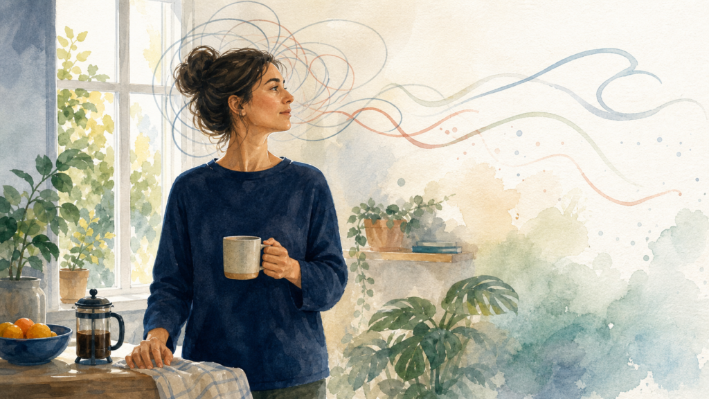 Watercolor illustration of a person letting looping thoughts drift into open space