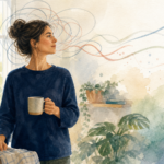 Watercolor illustration of a person letting looping thoughts drift into open space