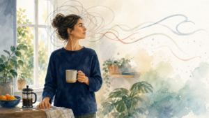 Watercolor illustration of a person letting looping thoughts drift into open space
