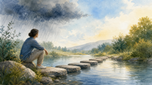Watercolor illustration of a person beside stepping stones as a storm passes