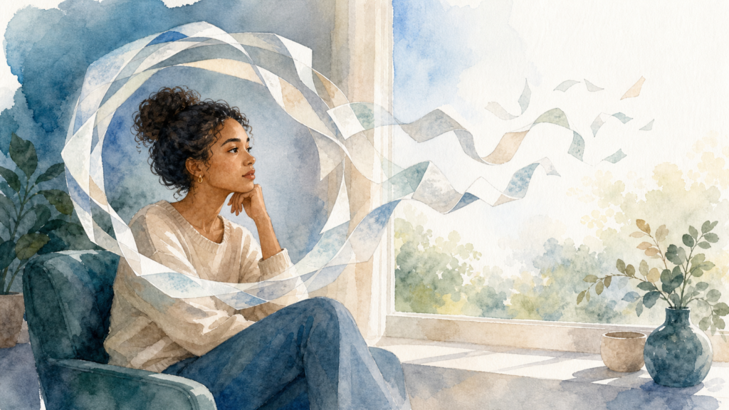 Watercolor illustration of looping paper ribbons unwinding around a seated person