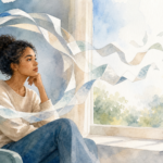 Watercolor illustration of looping paper ribbons unwinding around a seated person