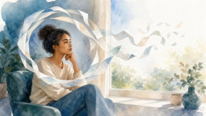 Watercolor illustration of looping paper ribbons unwinding around a seated person