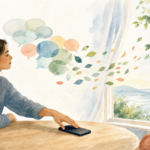 Watercolor illustration of a person setting down a phone as speech bubbles drift away