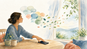 Watercolor illustration of a person setting down a phone as speech bubbles drift away