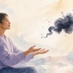 Watercolor illustration of a person letting a dark thought-shaped cloud pass