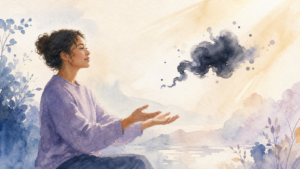Watercolor illustration of a person letting a dark thought-shaped cloud pass