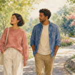 Watercolor illustration of a couple walking together through a garden