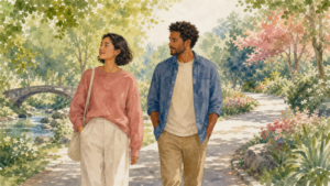 Watercolor illustration of a couple walking together through a garden