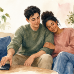 Watercolor illustration of a couple sitting together after setting down a phone