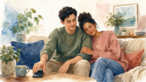 Watercolor illustration of a couple sitting together after setting down a phone