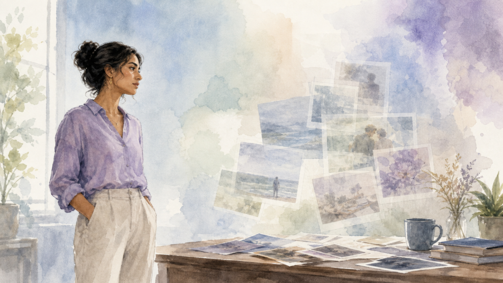 Watercolor illustration of a person stepping back from overlapping memory photographs