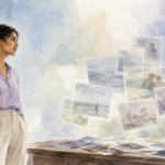 Watercolor illustration of a person stepping back from overlapping memory photographs
